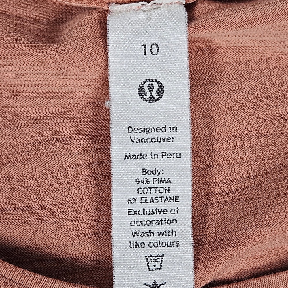 Lululemon Women 10 Pima Cotton Short Sleeve Tee Heather Peach Orange Curved Hem - Picture 3 of 6